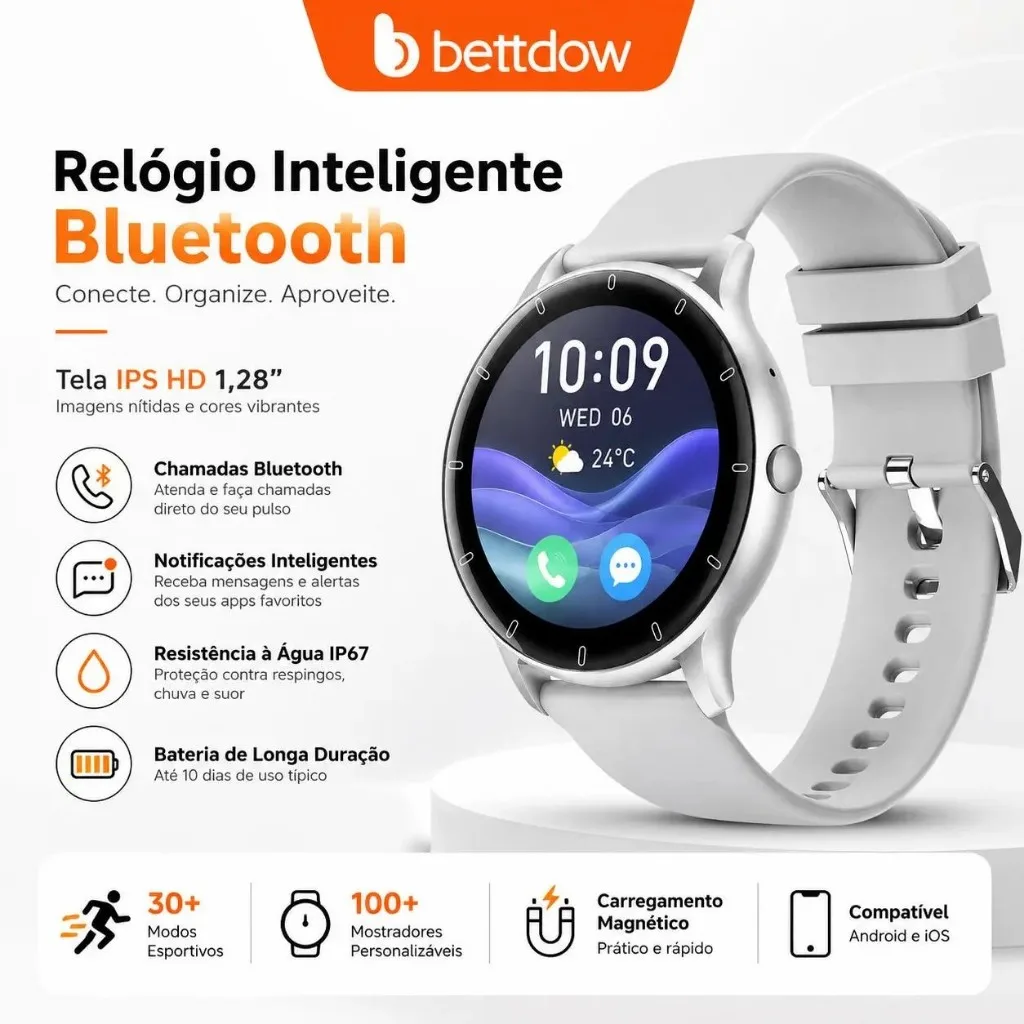 Relógio Inteligente BETTDOW à Prova d'Água IP67, Tela IPS Curva de 1,28'' e Chamadas Bluetooth