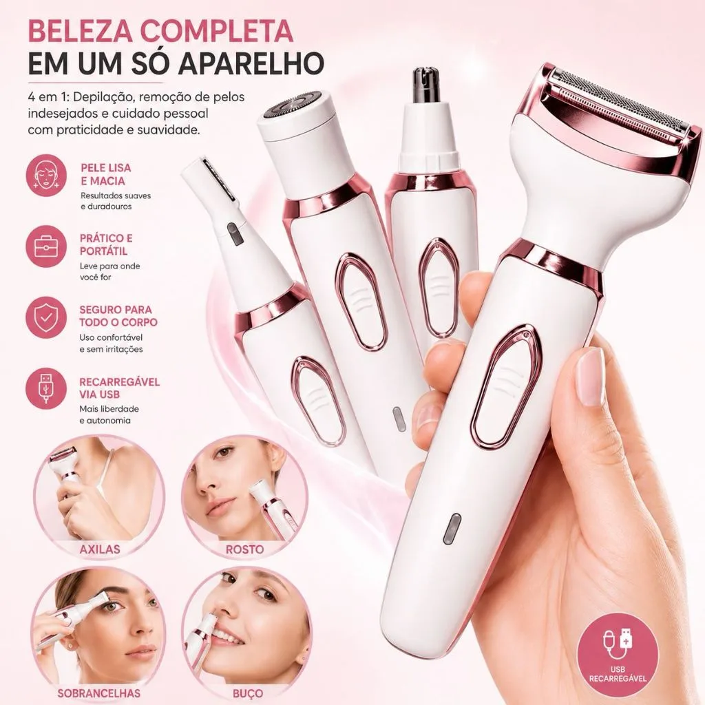 Aparador Feminino 4 em 1 Recarregável USB - Sobrancelha, Nariz, Axila e Corpo