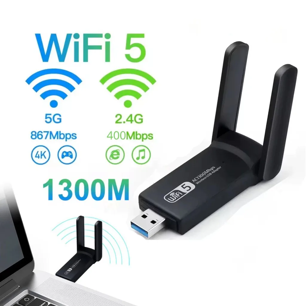 Adaptador Wi-Fi Dual Band 2.4G e 5G USB 3.0 1300Mbps com 2 Antenas