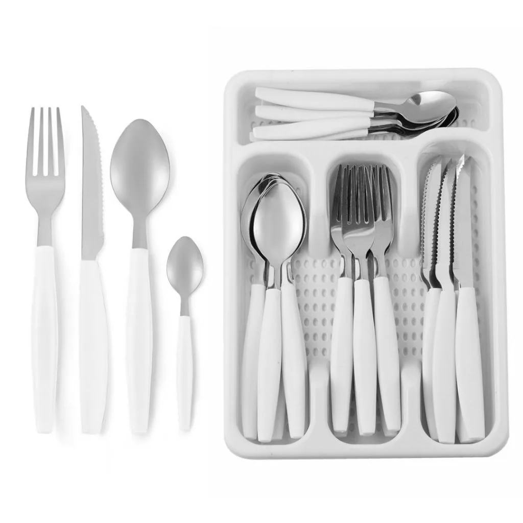 Conjunto 25 Peças Talheres Inox com Cabo Plástico e Cesto