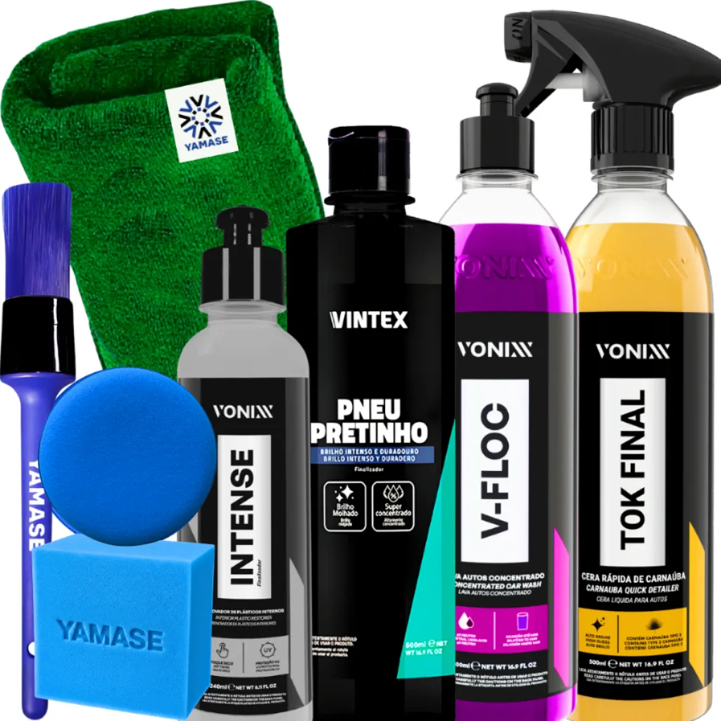 Kit Estética Automotiva Vonixx: V-Floc, Tok Final, Intense 240ml (Pretinho de Pneu), Pano, Pincel e Aplicador
