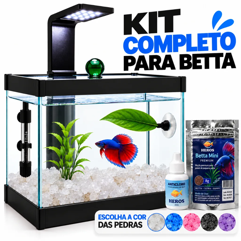 Aquário Completo para Betta - Aquário, Luminária, Decorações, Ração e Anticloro (Aquecedor Opcional)