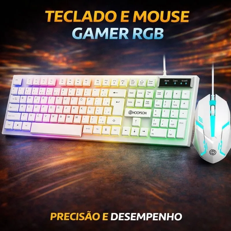 Kit Gamer Teclado e Mouse Branco RGB LED USB ABNT2