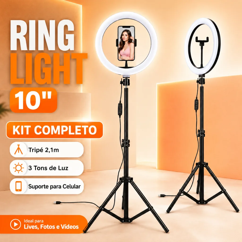 Ring Light 10 Polegadas 26cm com Tripé 2,10m e Suporte para Celular - 3 Tons de Luz USB