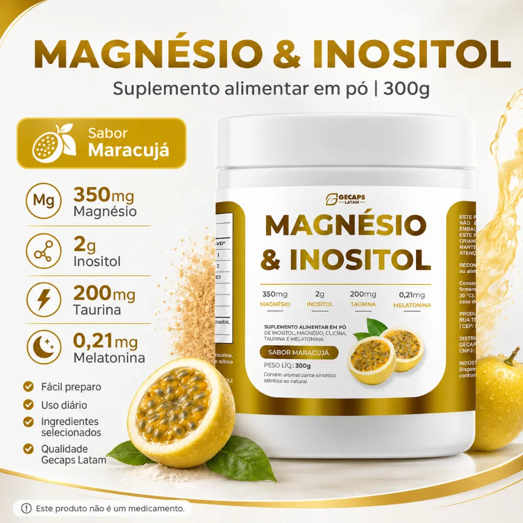 Magnésio & Inositol Gecaps Latam 300g Maracujá - Suplemento Alimentar em Pó com Taurina