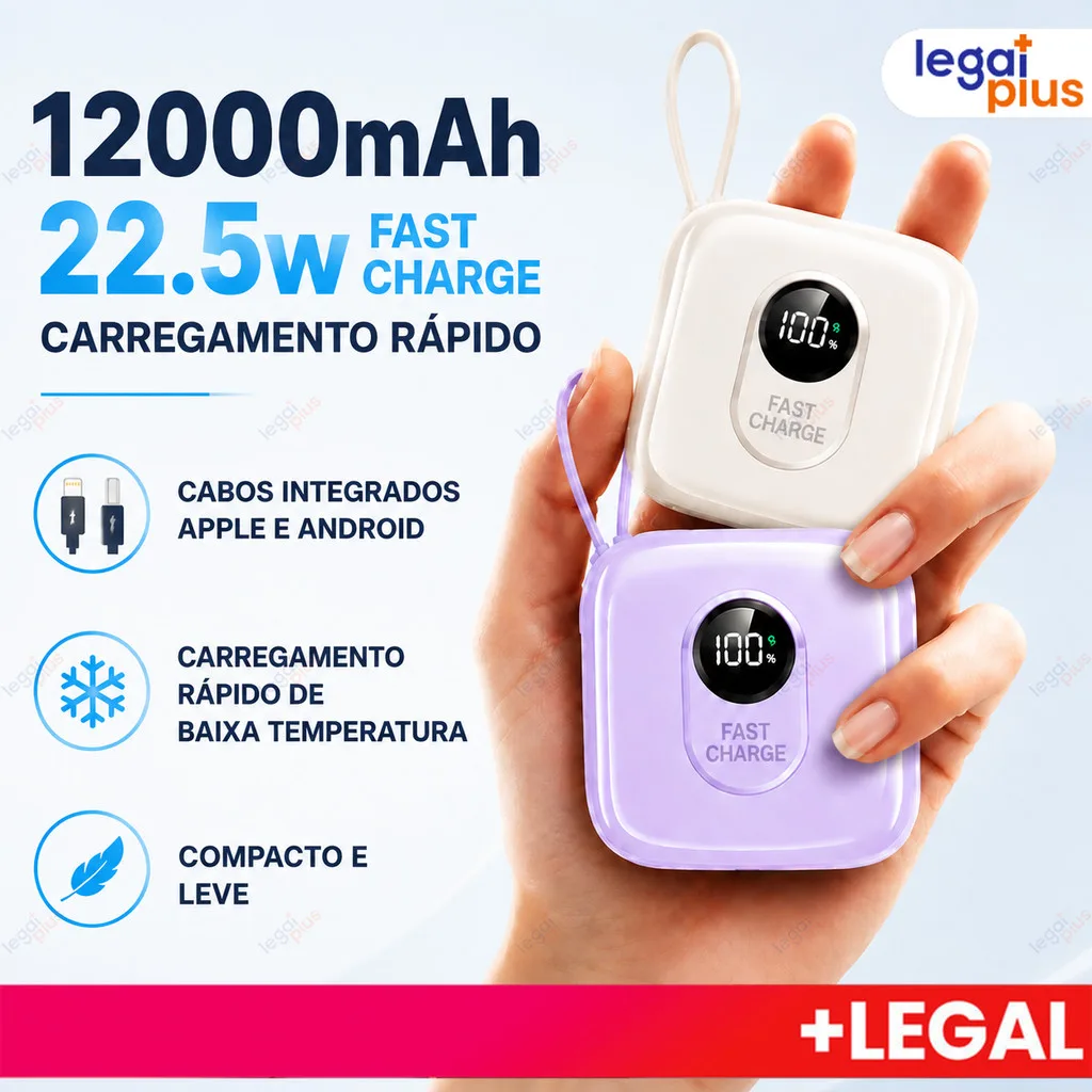 Carregador Portátil 12000mAh com Cabos Integrados e LED - iPhone e Android