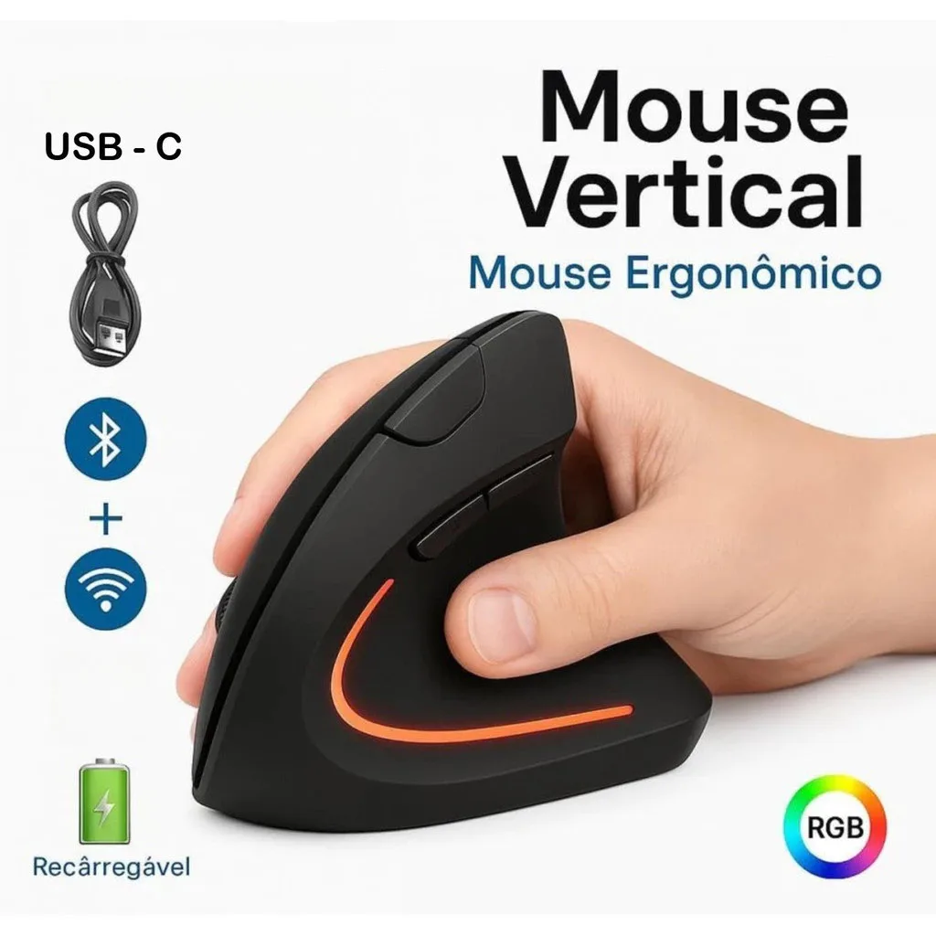 Mouse Vertical Ergonômico Sem Fio Recarregável USB e Bluetooth Silencioso - Mão Direita