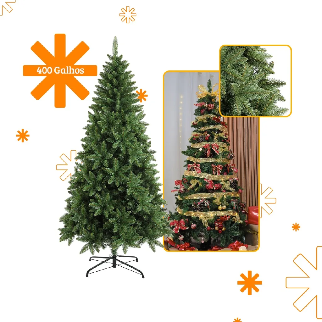 Árvore de Natal Pinheiro Tradicional 1,5 m, 1,8 m ou 2,1 m - 400 a 1000 Galhos Ajustáveis