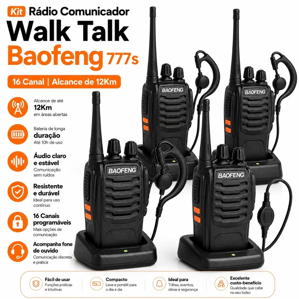 Kit Rádio Comunicador Walk Talk Baofeng 777S 16 Canais
