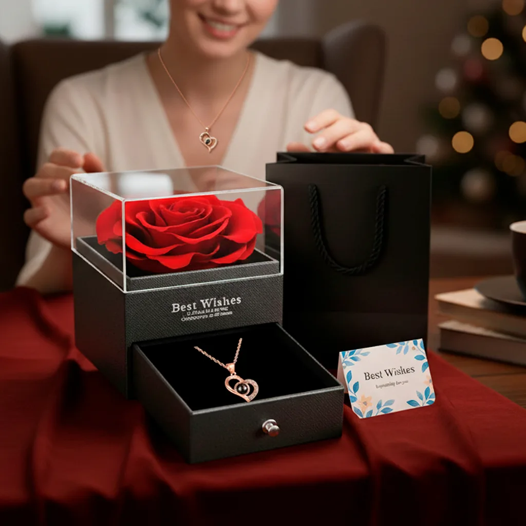 Rosa Eterna Preservada em Caixa com Colar Feminino - Presente