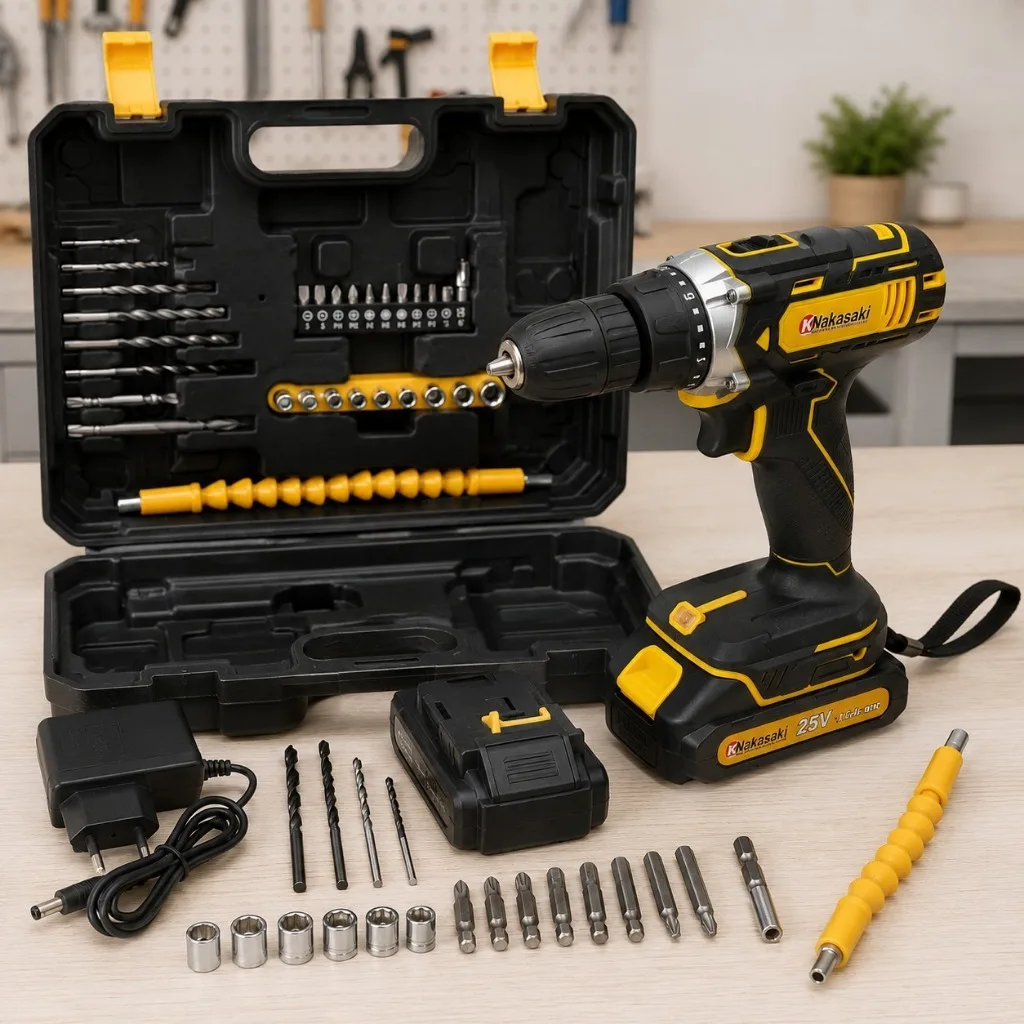 Parafusadeira Furadeira 25V Nakasaki Sem Fio a Bateria - Kit Completo com Maleta
