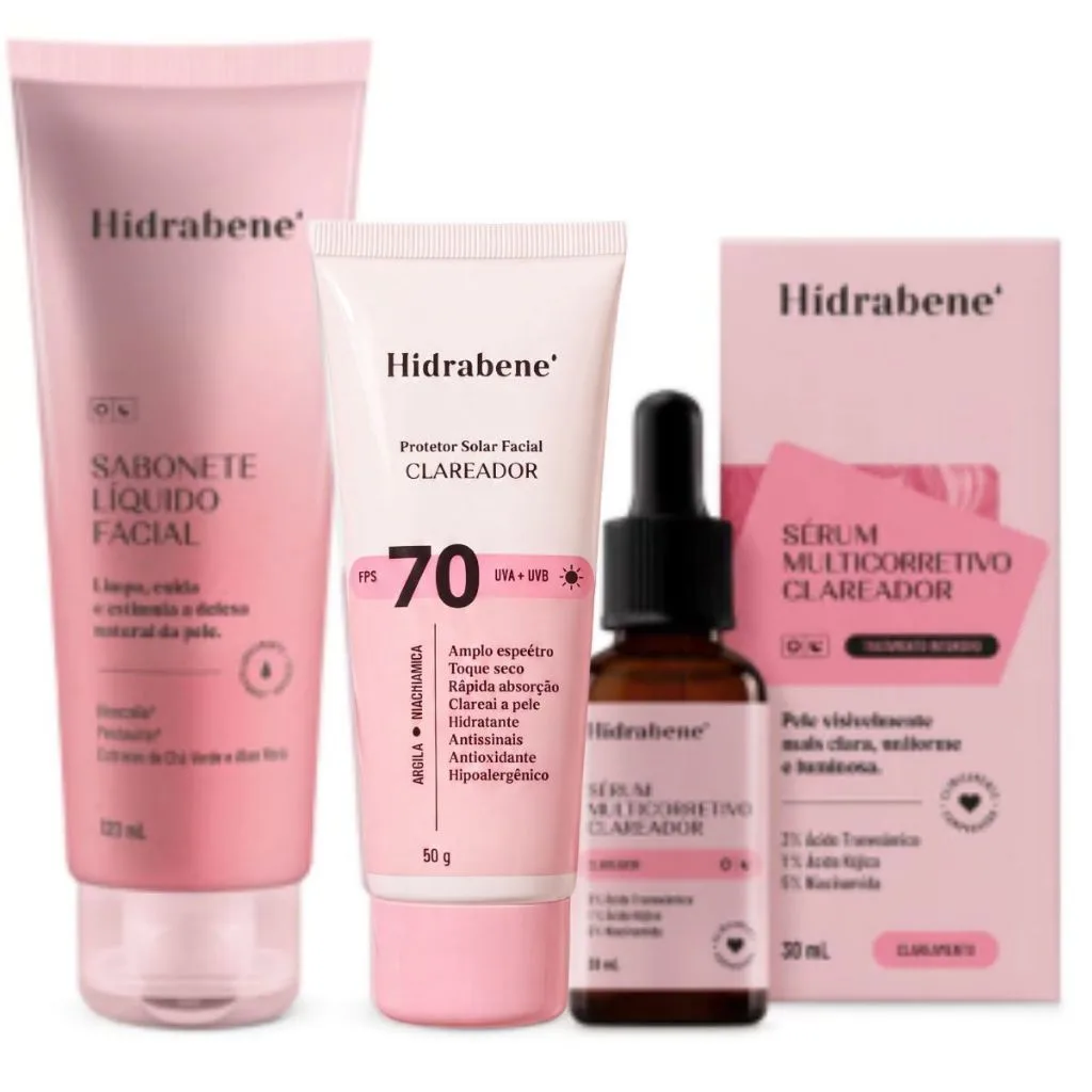 Kit Hidrabene Skincare Clareador Facial: Sabonete, Protetor FPS 70 e Sérum Multicorretivo