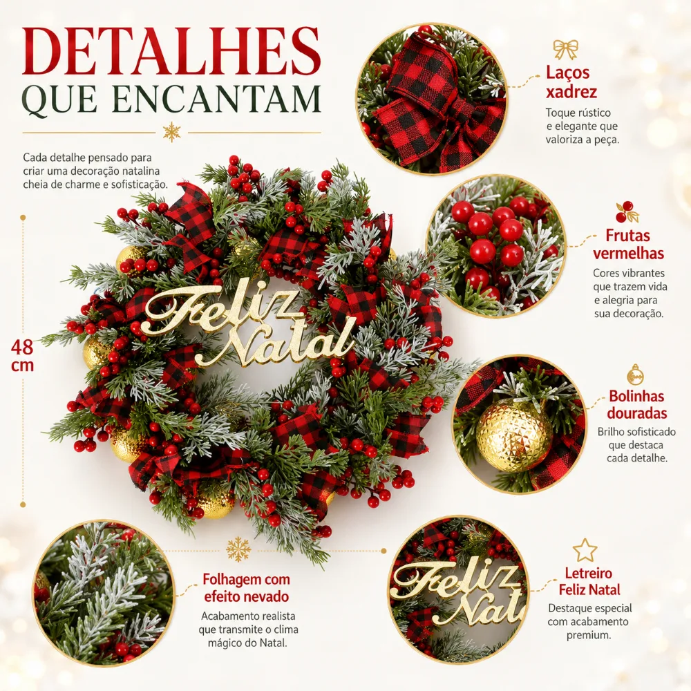 Guirlanda Natalina Festão Verde Nevada Decorada para Porta