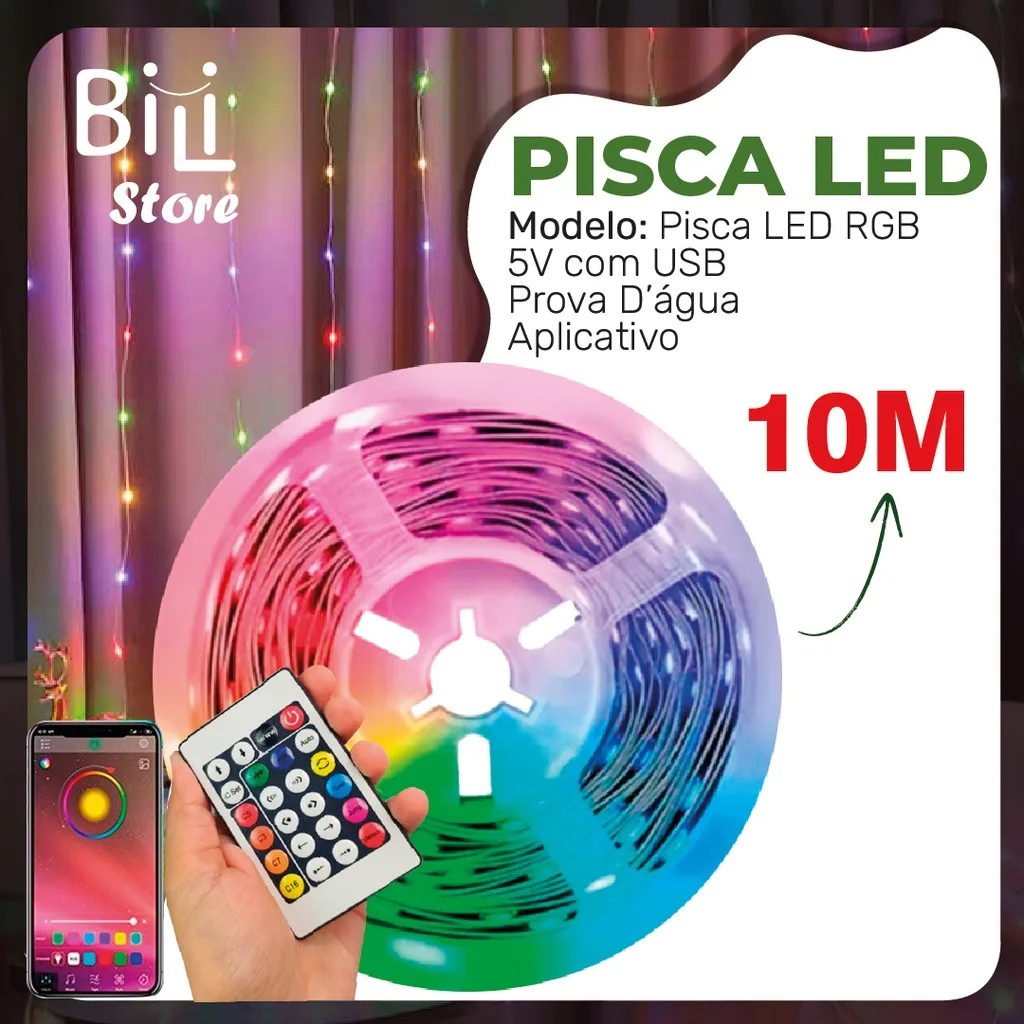 Pisca LED RGB 10 m USB com Controle e Aplicativo - À Prova d'Água