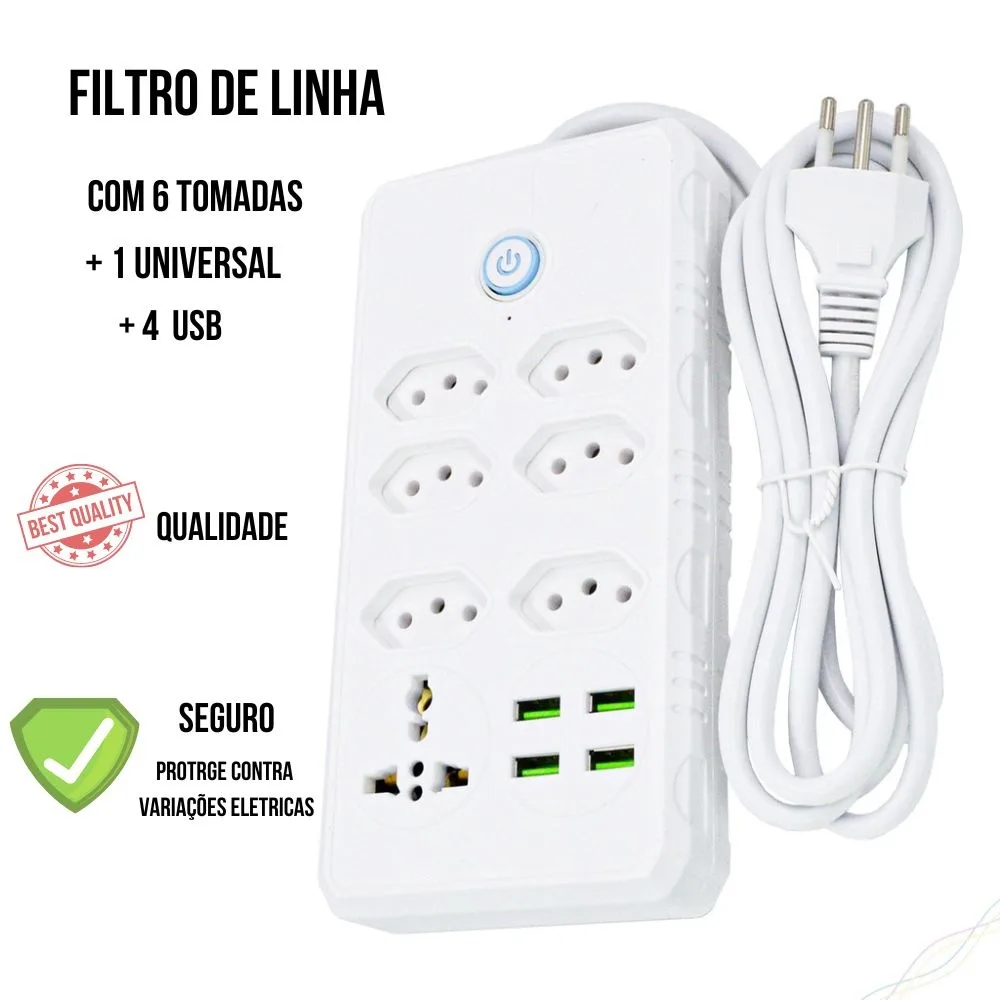 Régua Filtro de Linha 7 Tomadas e 4 USB, Bivolt 10A, Cabo de 2 Metros